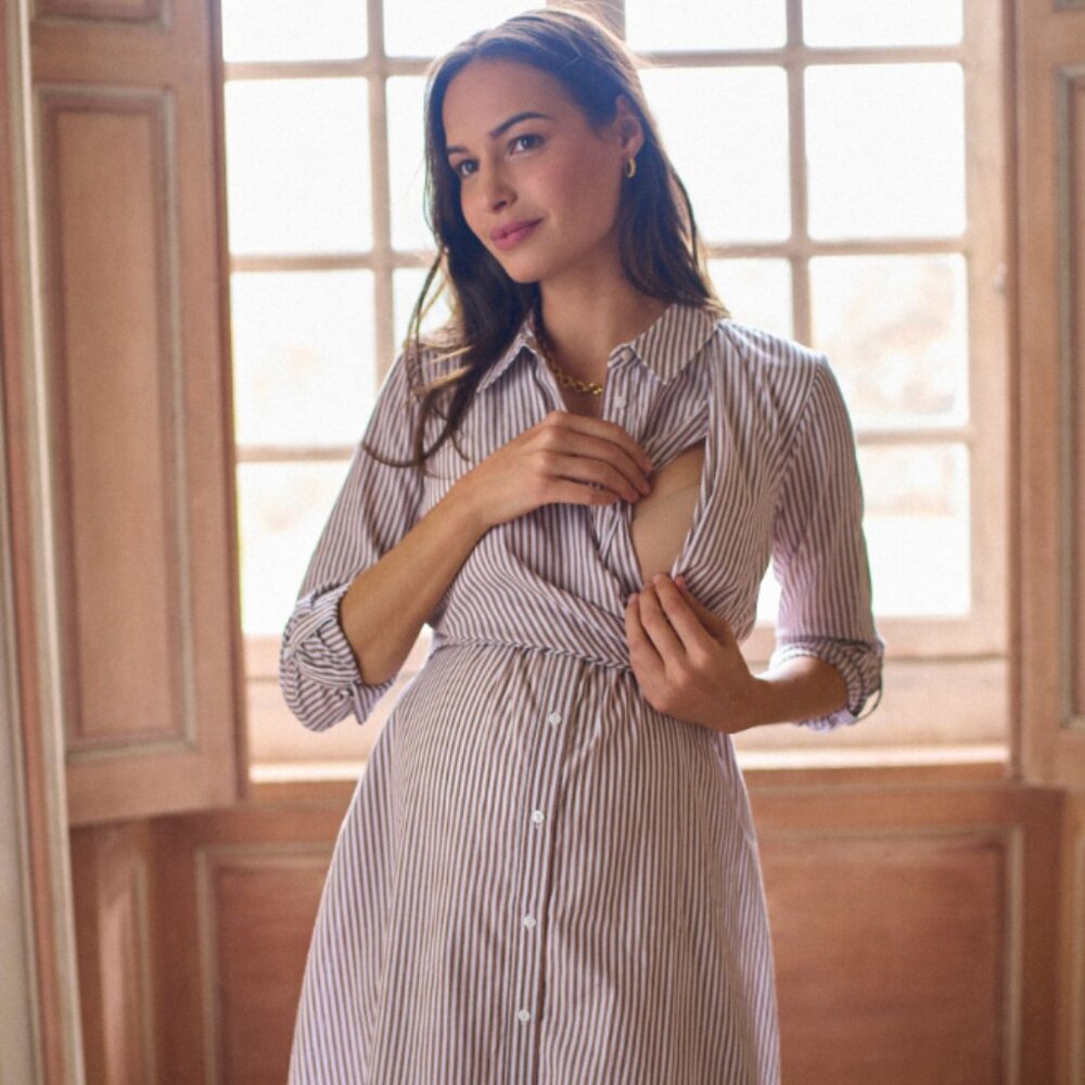 Seraphine Blue & White Stripe Maternity & Nursing Midi Wrap Shirt Dress